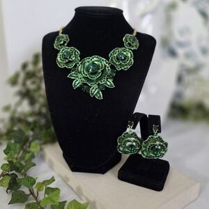 Statement Green Rhinestone Rose Flower Necklace and Earrings Set